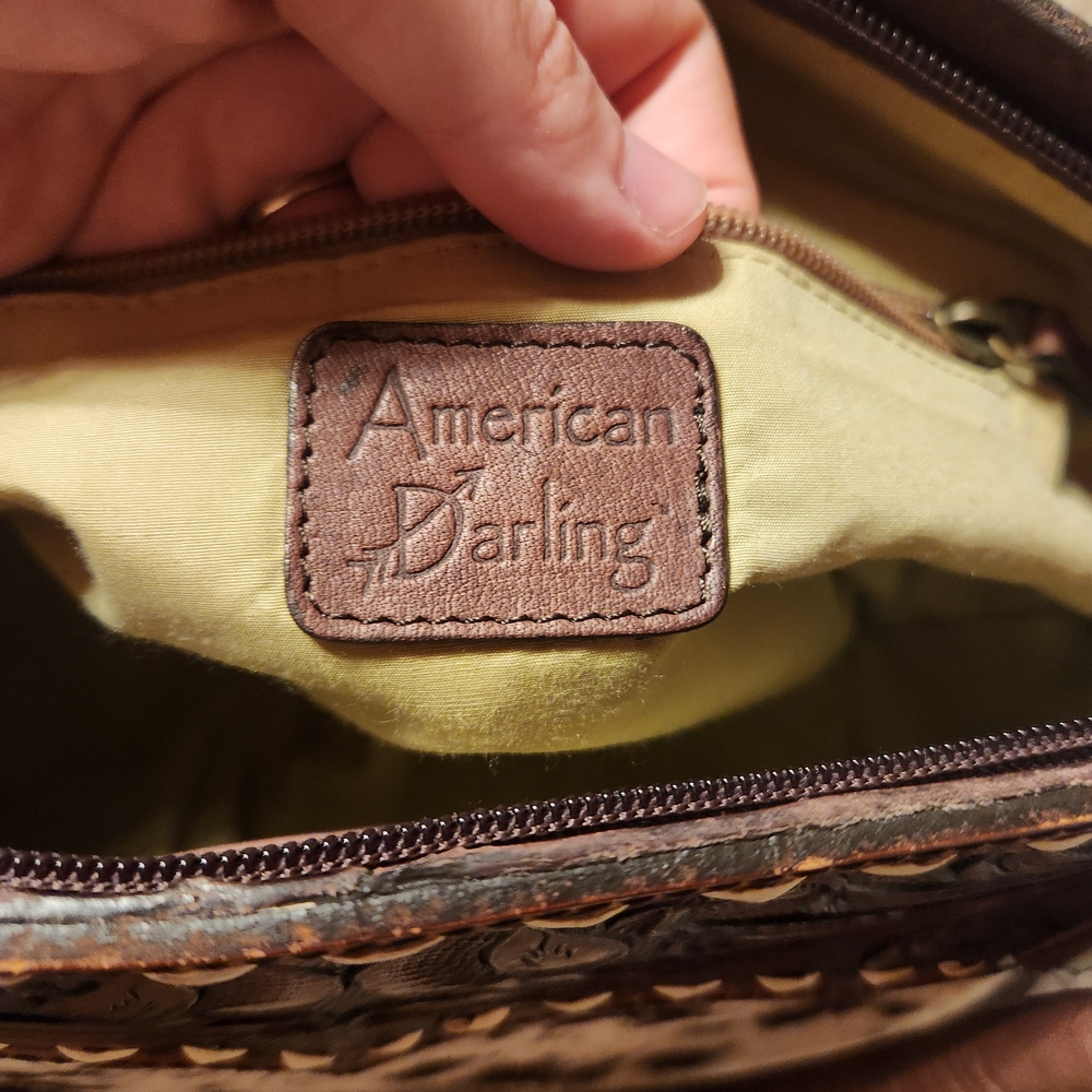 American Darling Scalloped Tooled Leather Buckstitch Cowhide Tote - Picture 7 of 11
